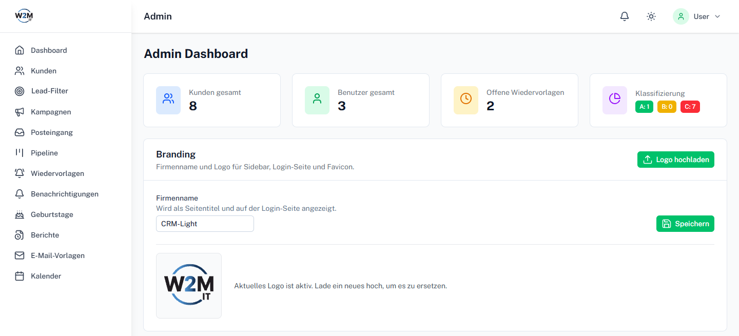 CRM-Light Admin-Dashboard mit White-Label-Branding
