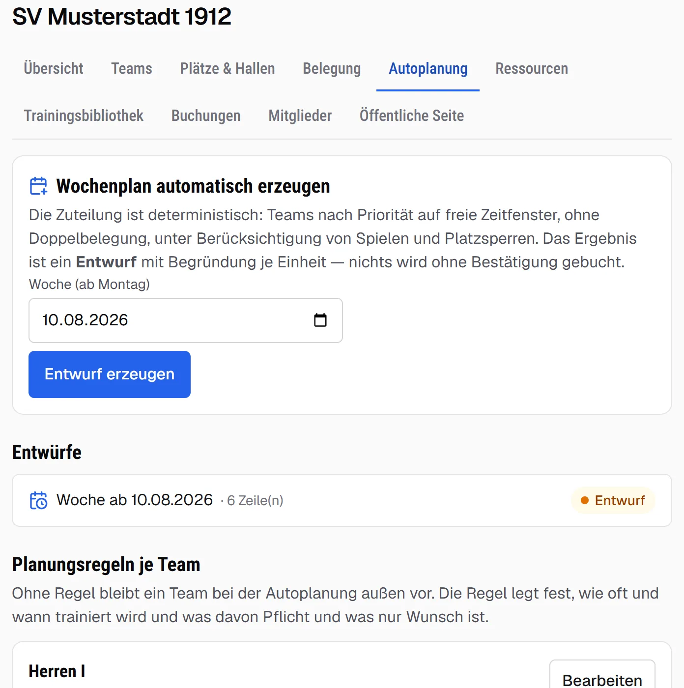 Der Wochenplan, den die App zur Bestätigung vorlegt