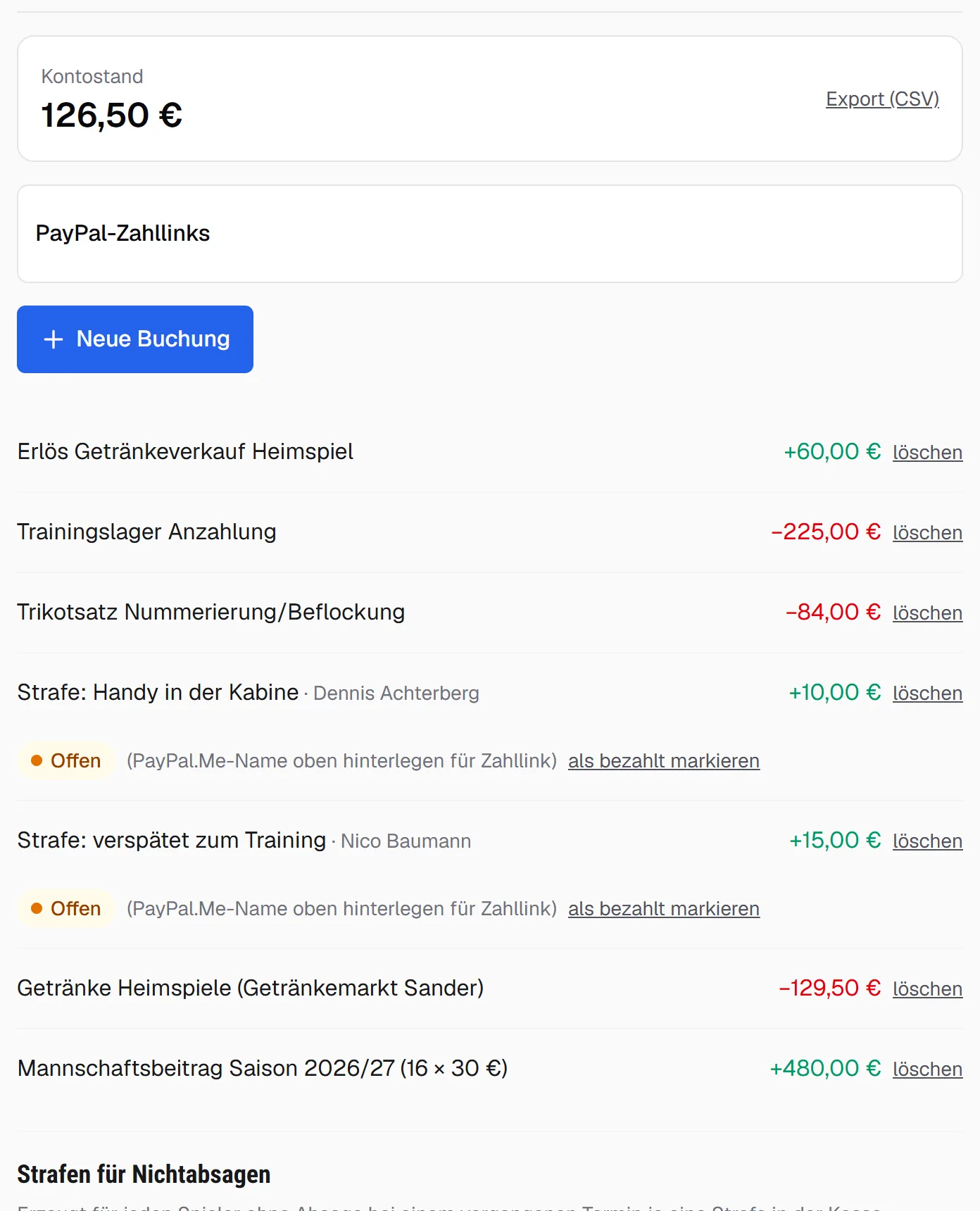 Teamkasse mit offenen Forderungen