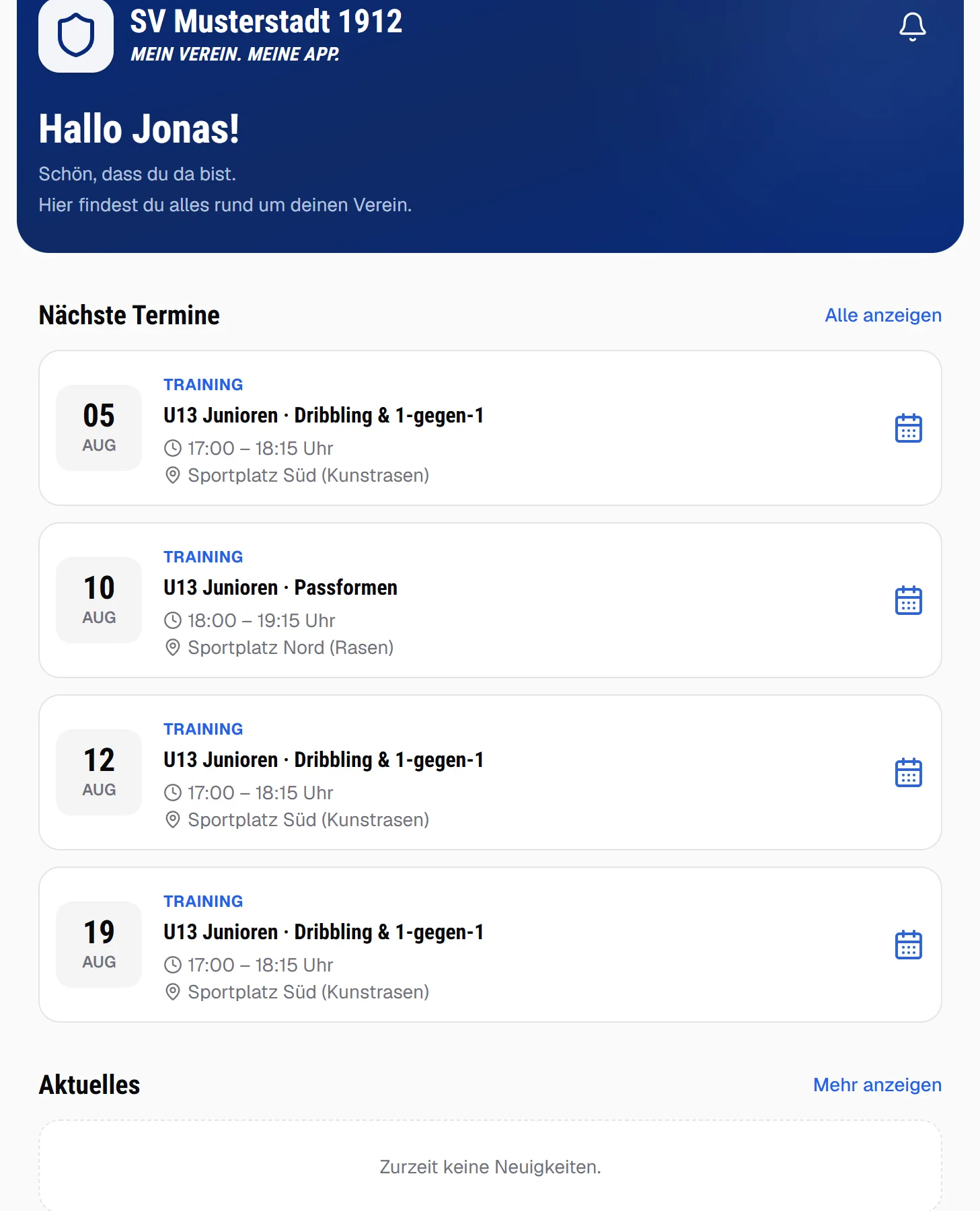 Spieler-Startseite mit den nächsten Terminen